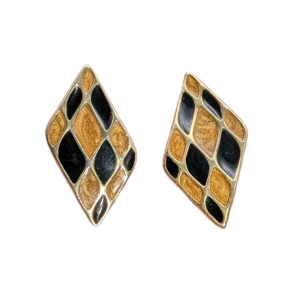 Vintage Crown Trifari Black Enamel Gold Tone Checker Statement Post Earrings